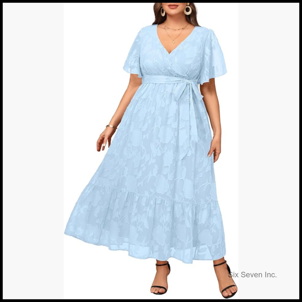 Polyester Wrap V-Neck Maxi Dress With Flutter Sleeves And Adjustable Belt
